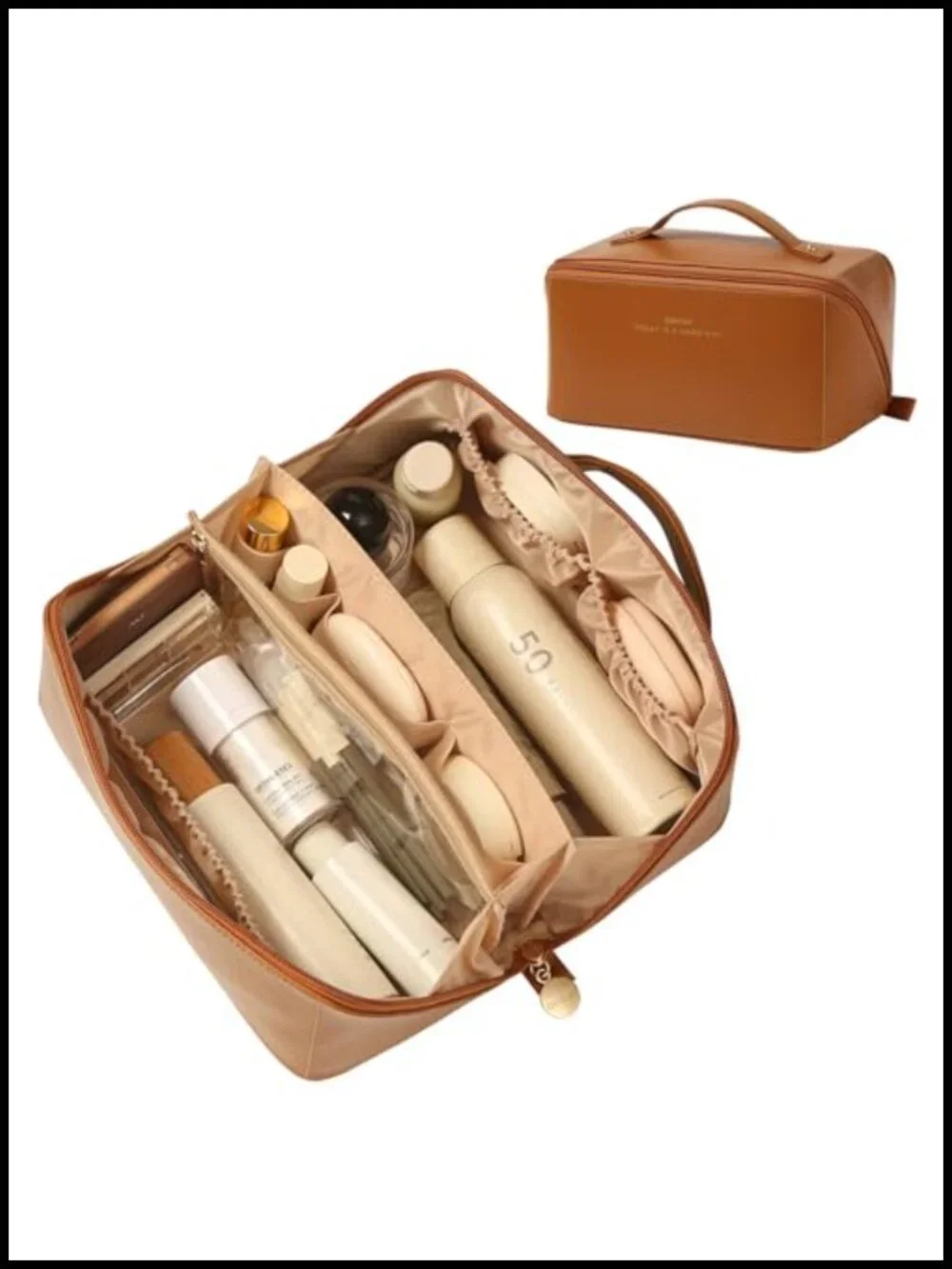 Large Travel Makeup Bag Faux Leather Toiletry Organizer with Compartments
